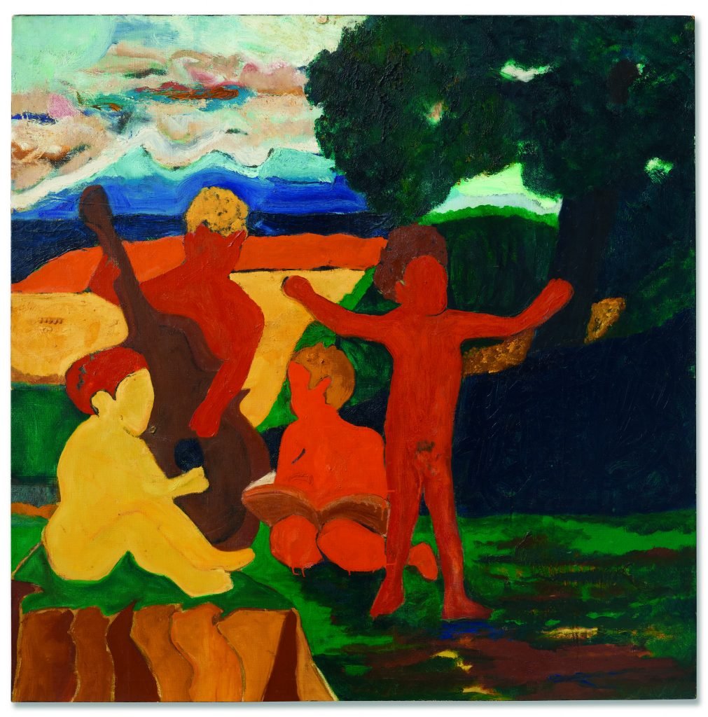 A square painting shows brightly colored children in a verdant landscape