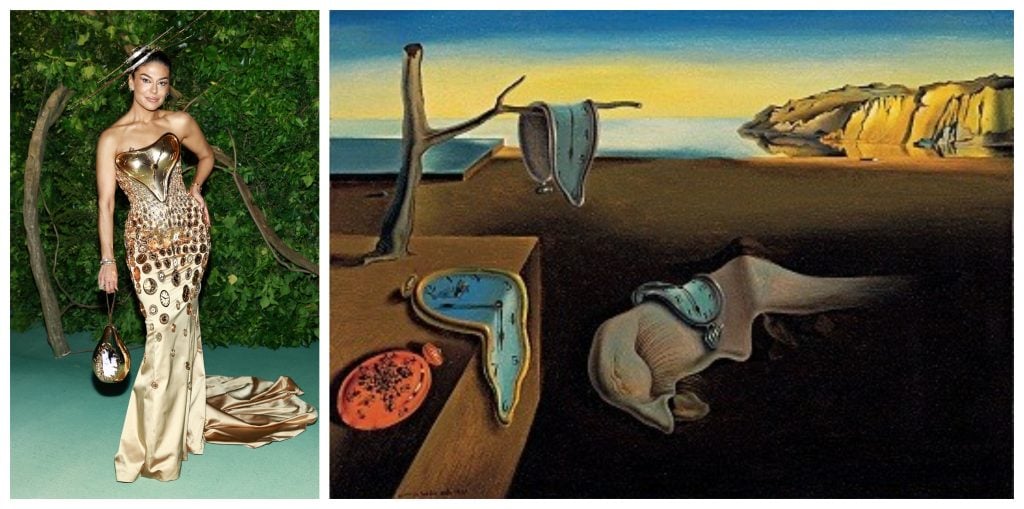 on the left, a woman wears a gold dress with clocks adorning its surface. on the right, a paintings of melting clocks set in empty surrealist landscape