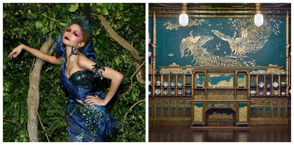 actress zendaya in a blue-green gown and fascinator, next to photo of a room painted in blue-green and metallic gold with shapes of a peacock
