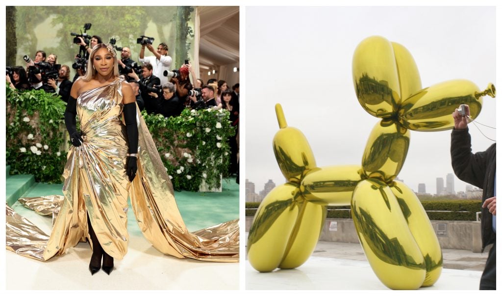 the tennis player Serena Williams in a long metallic dress and a giant gold sculpture of a balloon dog 