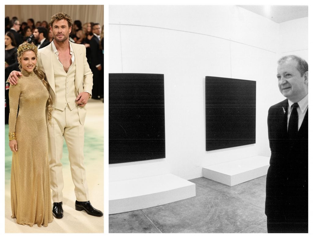 Chris Hemsowrth and his wife Elsa Pataky wear monochrome beige at a red carpet event. the painter ad Reinhard stands in a. gallery next to his all black canvasses. 