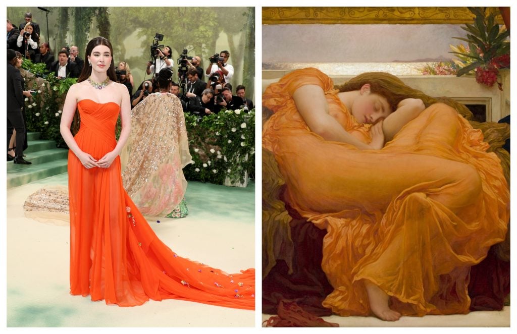 a side by side comparison of a woman in an orange gown modeled after the famous pre-raphaelite painting