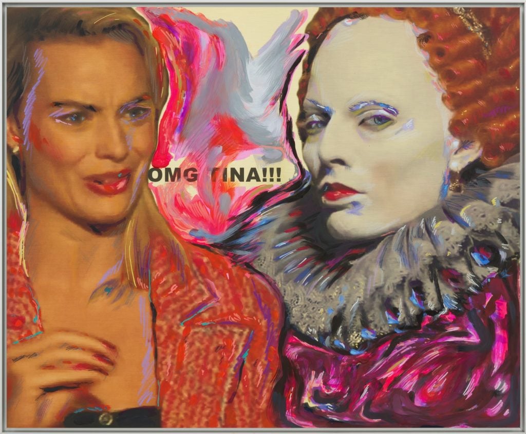 a painting will a collage-style effect in which an image of a blonde woman is planted next to an image of Queen Elizabeth I with the text "OMG TINA!!!" hovering between them