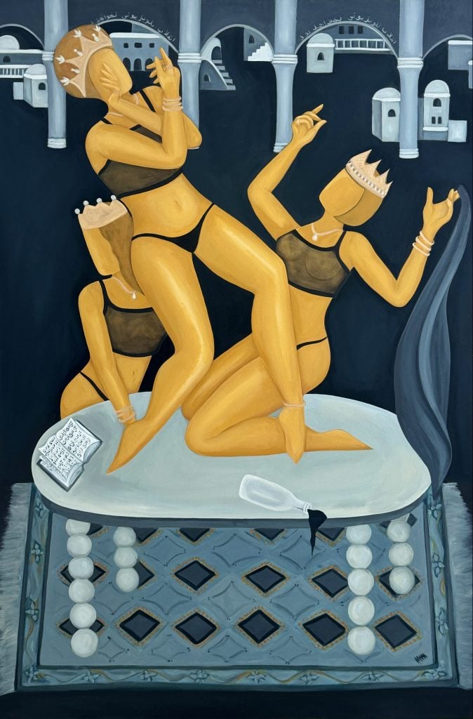 A vibrant painting featuring three golden figures, each adorned with cylindrical headpieces, in dynamic poses on a platform. The background depicts an architectural scene with arches and buildings in monochromatic tones. Elements such as a book and a feather on the platform add symbolic depth to the artwork.