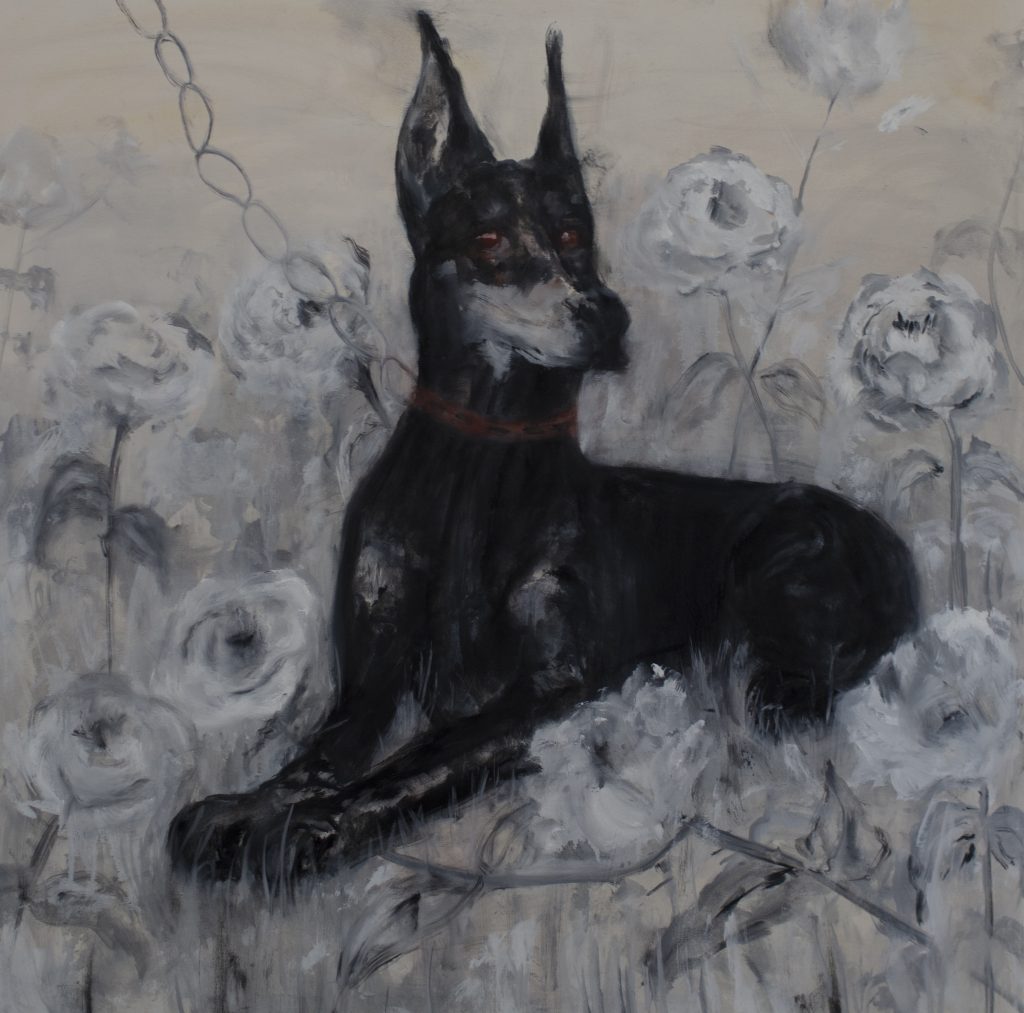 a black and white painting of a Doberman pinscher laying on field of flowers