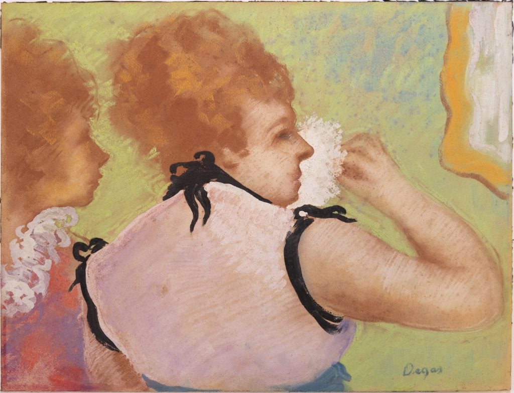 a pastel drawing of a woman in a dress from behind, she is in profile and has fluffy light brown hair