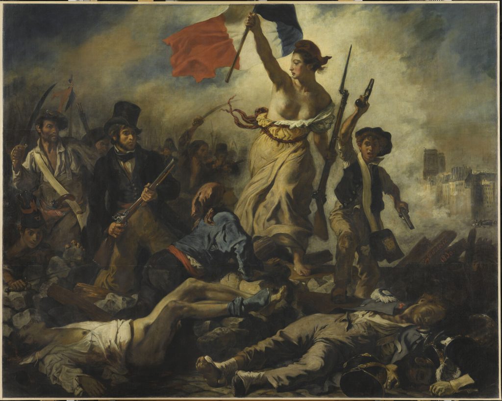 A painting of a divine woman personifying Liberty, holding a red, white and blue flag. She is surrounded by soldiers and revolutionaries, and a young boy holding two guns. By French artist Eugene Delacroix