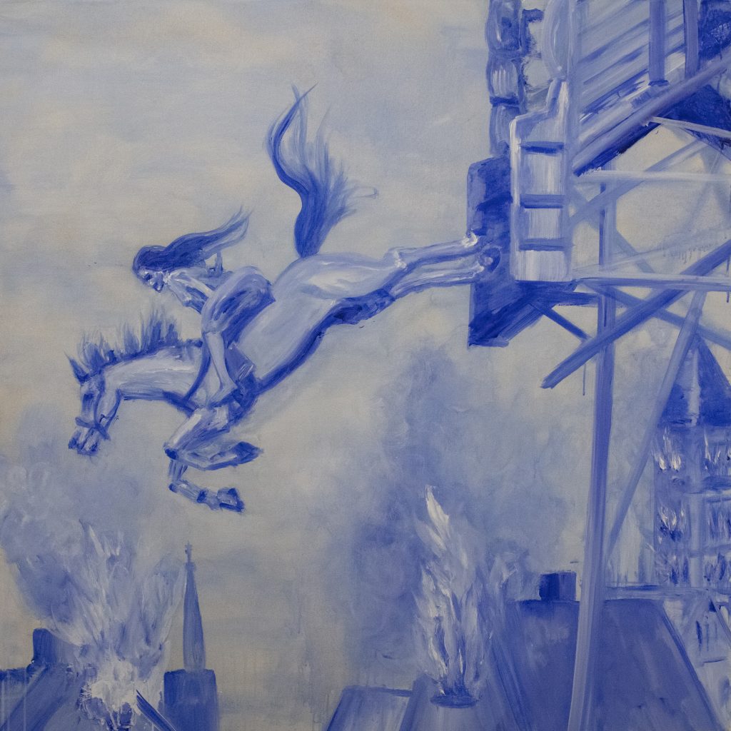 a blue painting of a girl on horseback leaping with burning buildings in the background
