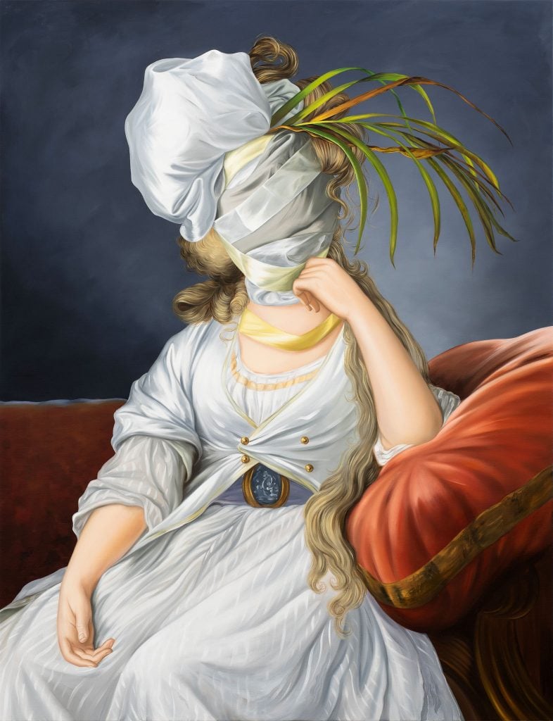 a painting of a woman in a white dress on an orange couch. her face is covered by fabric