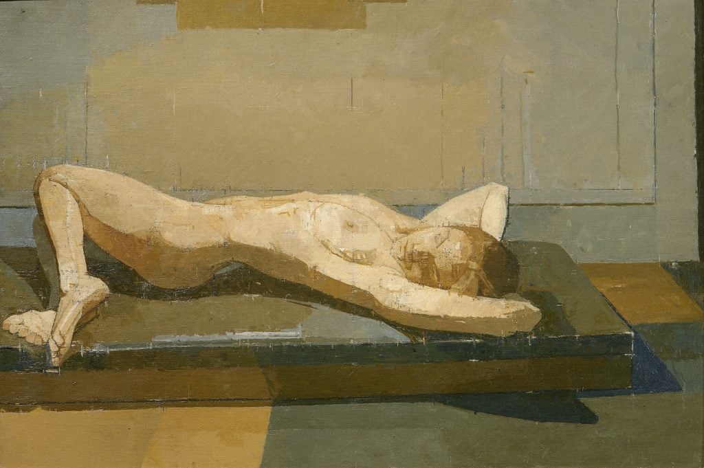 a painting of a naked woman lying gracefully back on a simple mattress on the floor in a dark beige palette