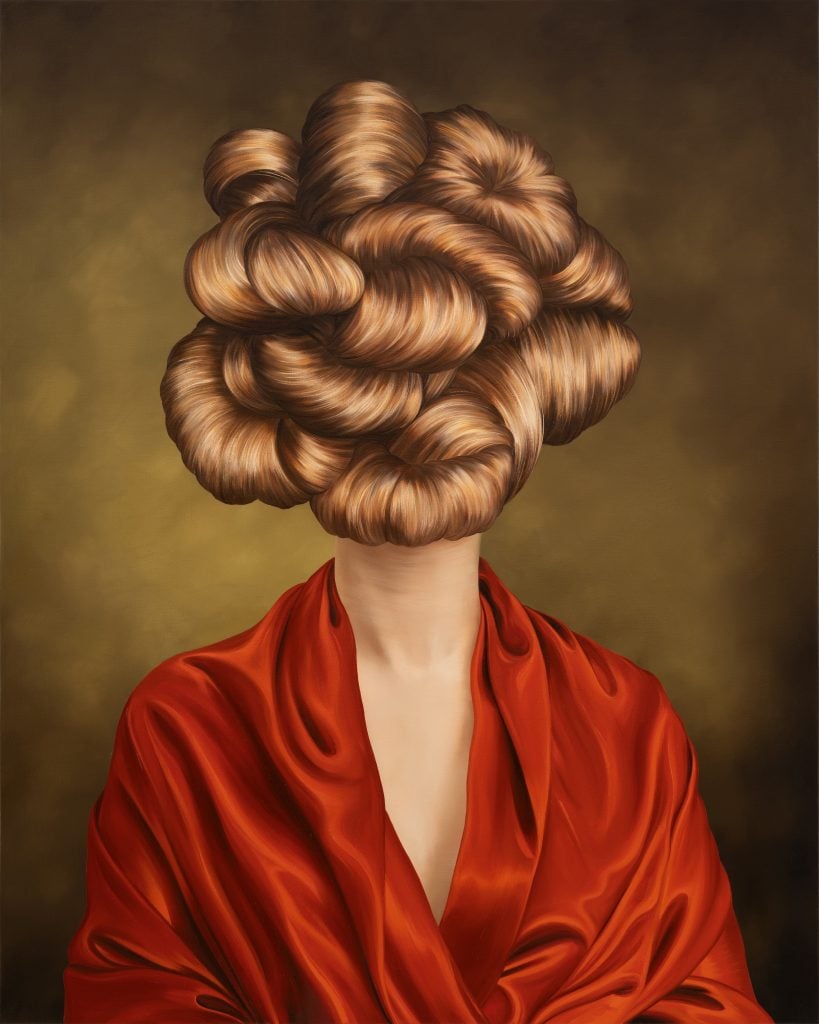 portrait of a woman in red whose face is covered by hair