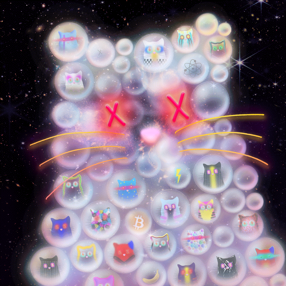 digital illustration of a cat figure made of bubbles in space with x out eyes