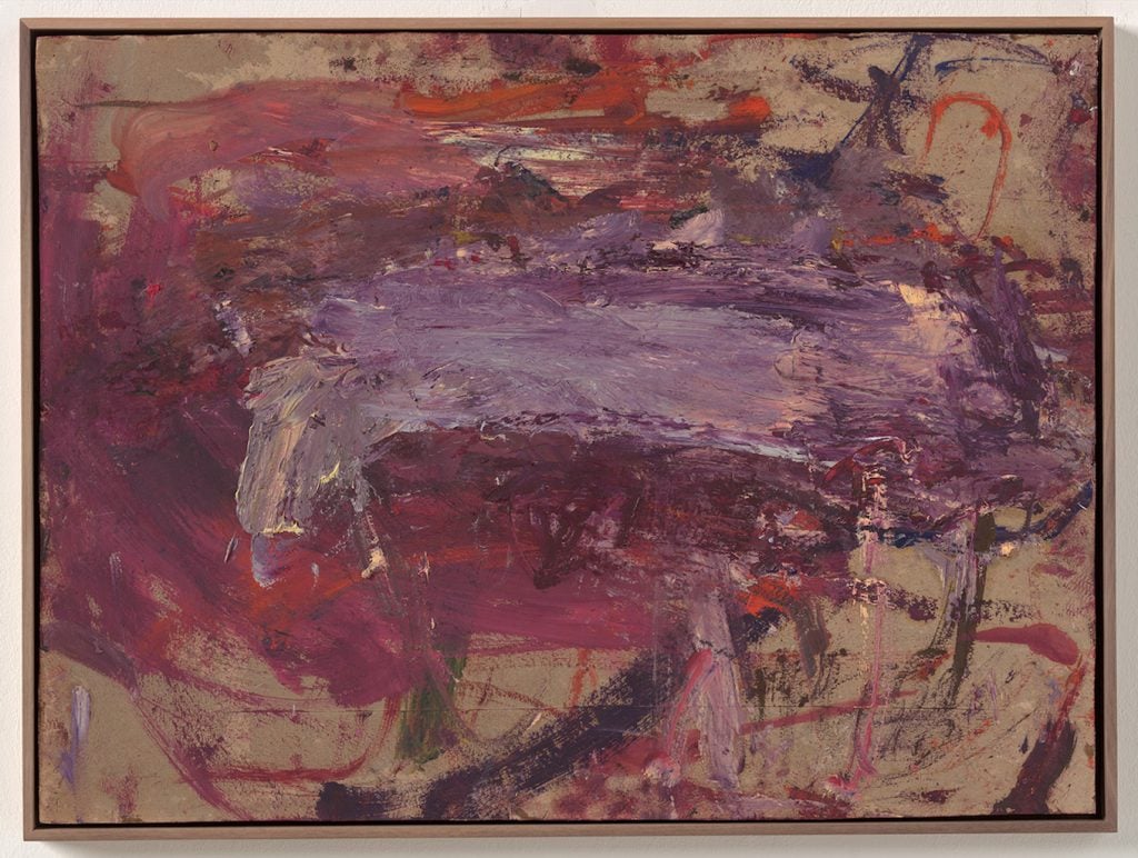 an abstract painting featuring purple and scarlet swaths on a brown background