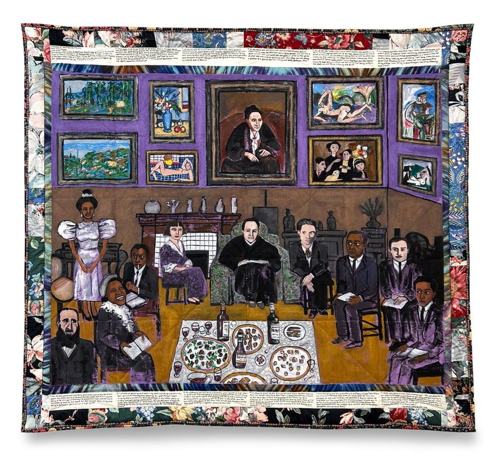 a textile work by Faith Ringgold depicting people sitting in a room with paintings
