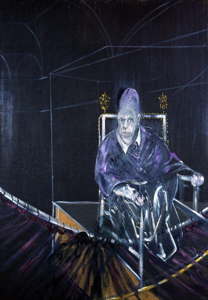 a painting with a dark black backdrop, with a ghostly figure in white, blue and purple in the right foreground. by Francis Bacon