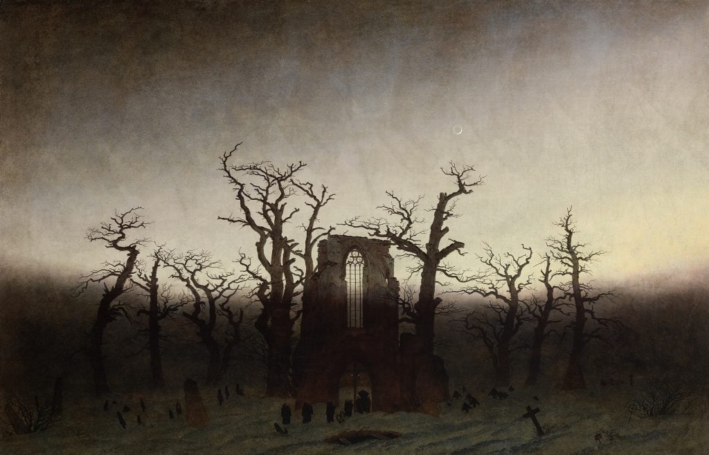 Caspar David Friedrich, Abbey in the Oakwood, (1809/10) Oil on canvas, 110.4 x 171 cm. State Museums in Berlin, National Gallery / Photo: Andres Kilger