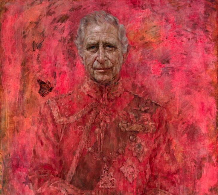 a portrait of King Charles by Jonathan Yeo. The painting is predominantly red