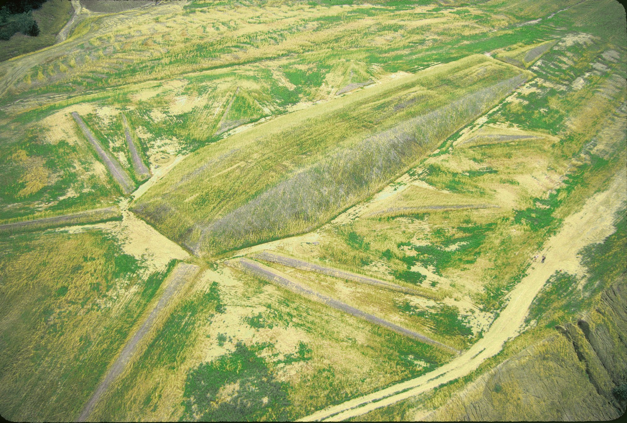 an aerial view of a raised part of green earth, part of a land artwork