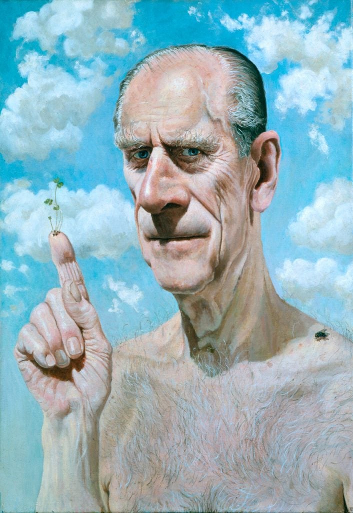 a painting of a man who is bear chested with a fly on one shoulder and his finger pointed upwards with cress growing out of the tip, the background is a blue sky with clouds