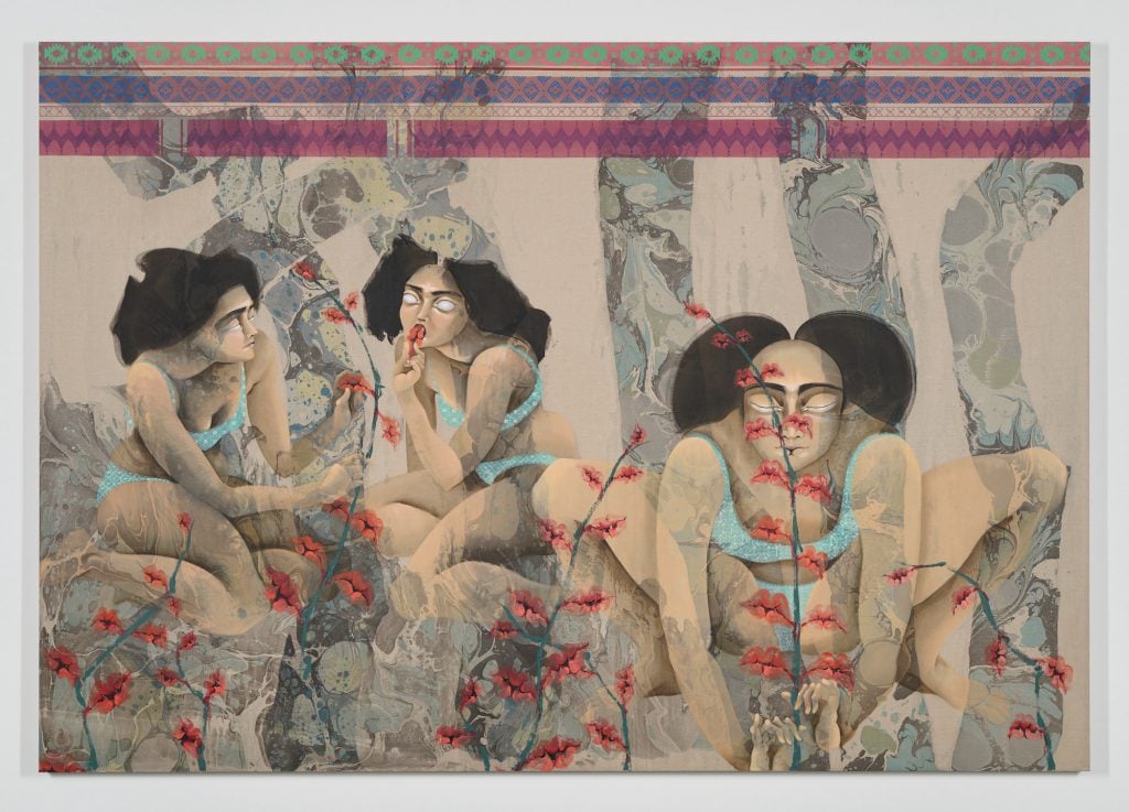 three women with black hair and blank white eyes crouch amid surrealist plants that sprout lips