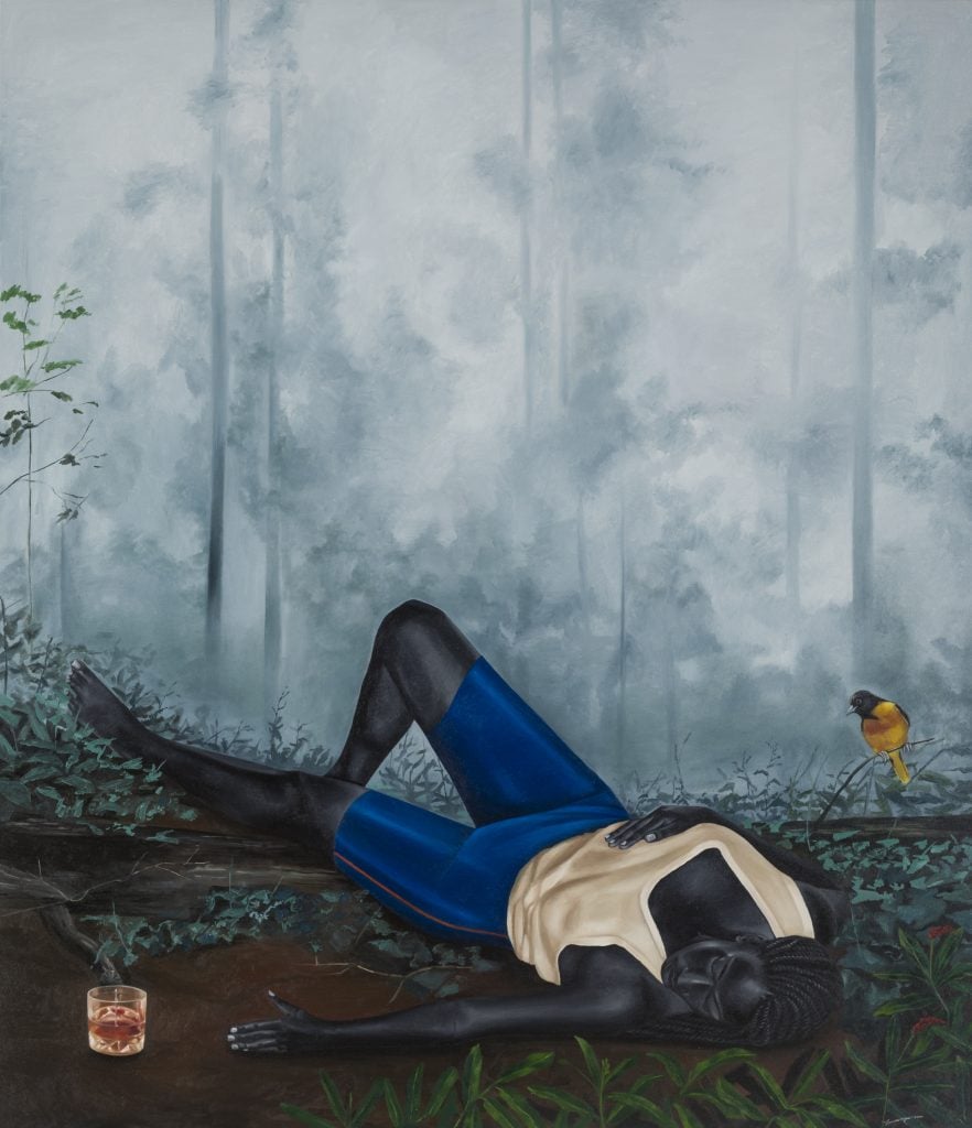 a woman appears on the ground of a forest, a sleep or unconscious, a full drink on the ground beside her and a bird on a branch nearby