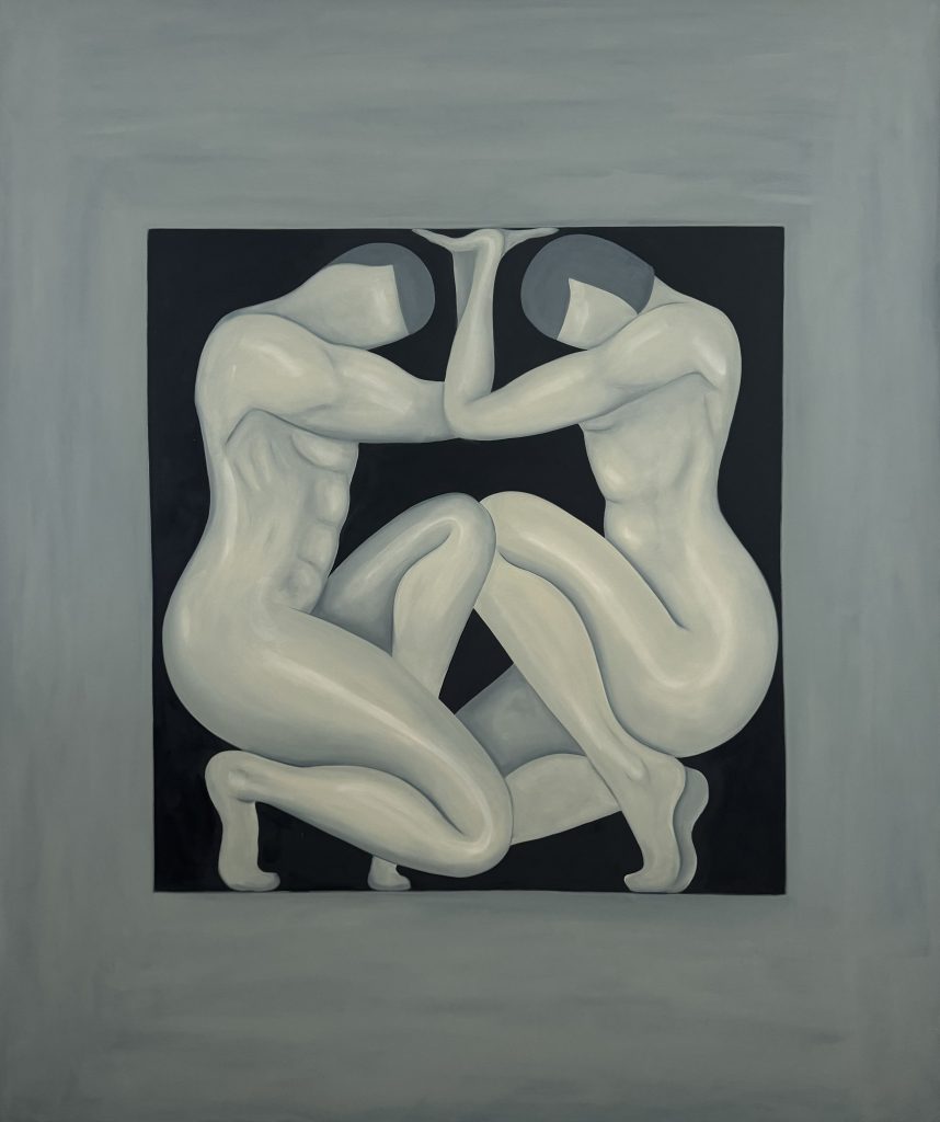 A painting depicting two intertwined nude figures, painted in monochrome against a dark background, framed within a light gray border. The figures are abstractly posed in a symmetrical arrangement, emphasizing fluidity and unity.