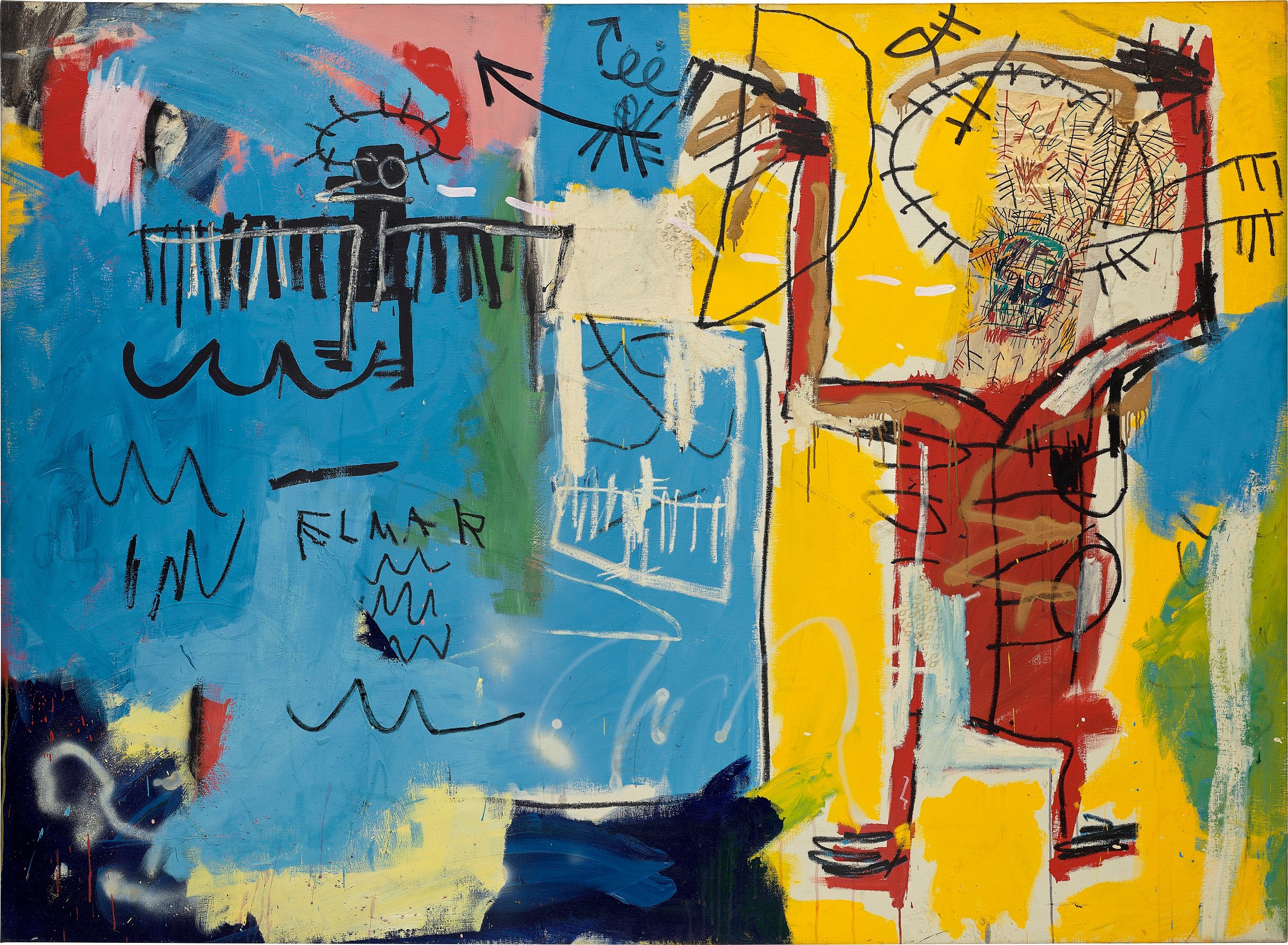 The artwork features bold, expressive brushstrokes in various colors, with dynamic shapes and lines intersecting across the canvas. Basquiat's distinctive style is evident, with fragmented text and symbols scattered throughout the composition, evoking a sense of raw energy and urban culture