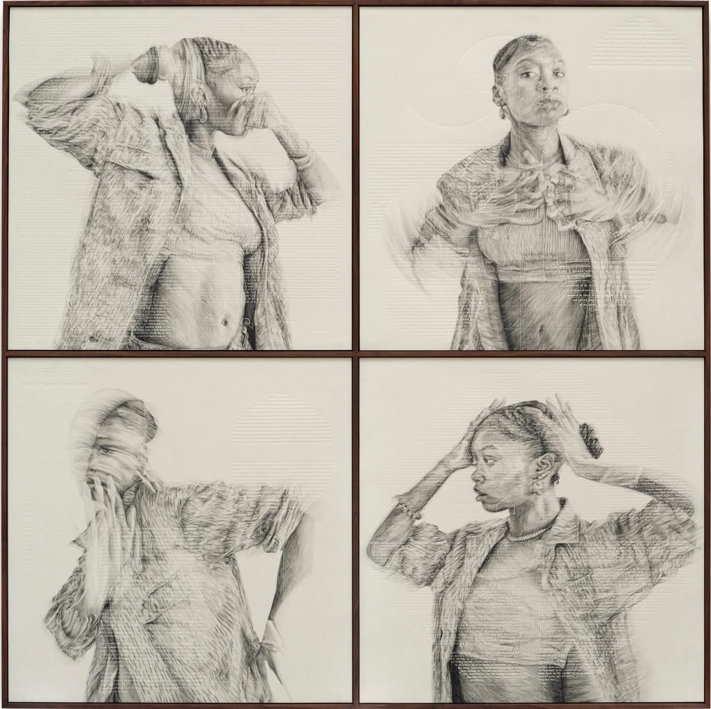 four images in a grid format in which the same woman is shown from the waist up in different poses, she is drawn with pencil in black and shiwte