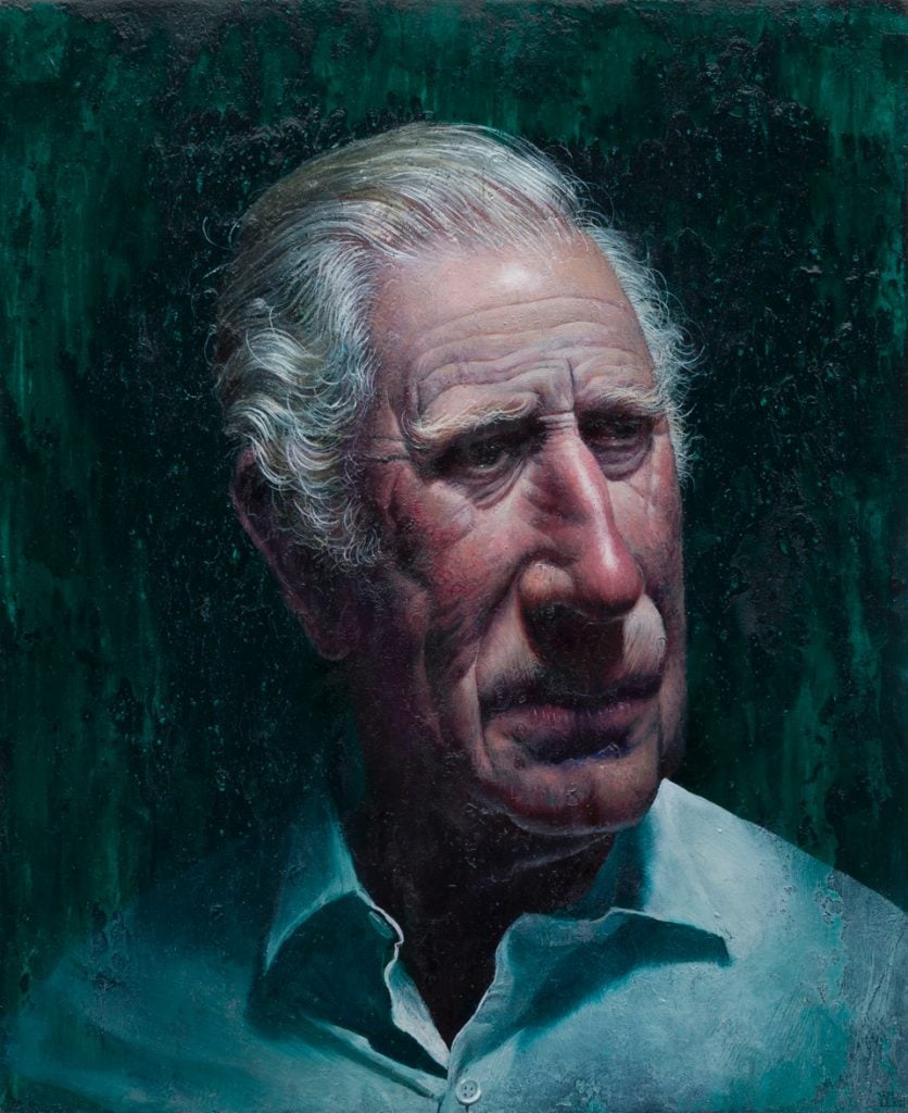 a close up painting of an elderly man with a light shining on his face, he looks sad and a bit confused