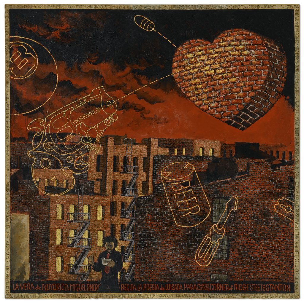 An image of a can of beer, a gun, and a heart againt a background of buildings with a red sky