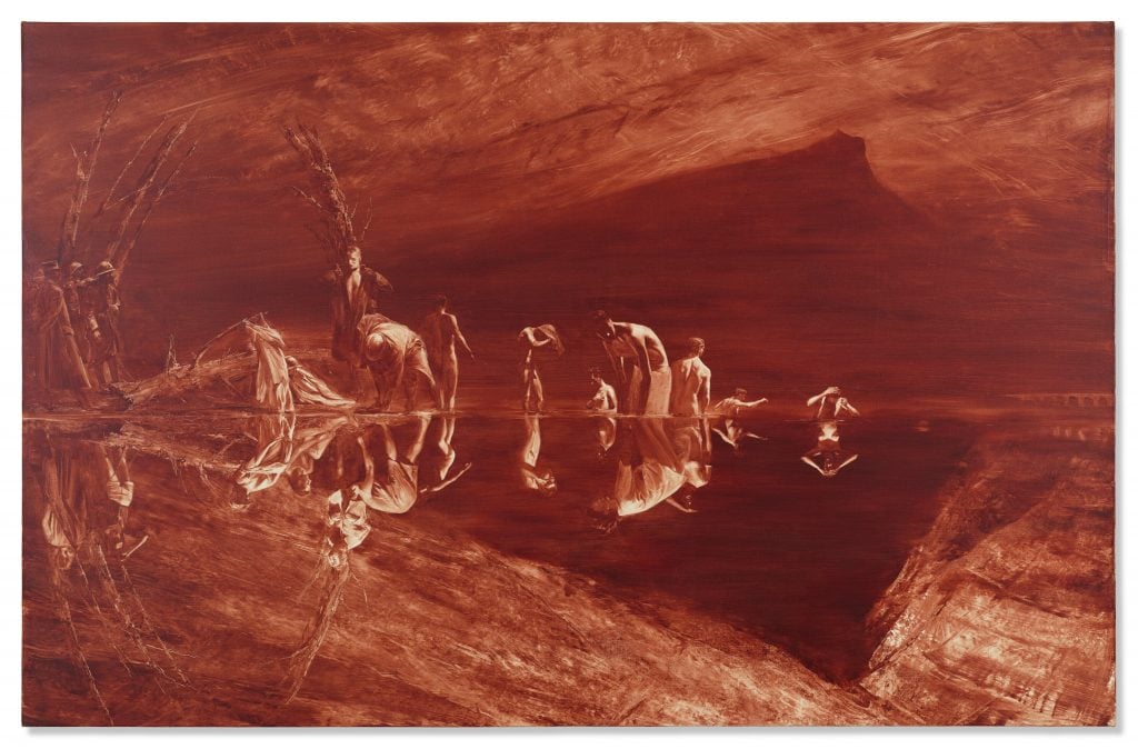 A photo of a red painting shows men bathing in water. Their reflections are those of women. The world around them is covered with scumble.
