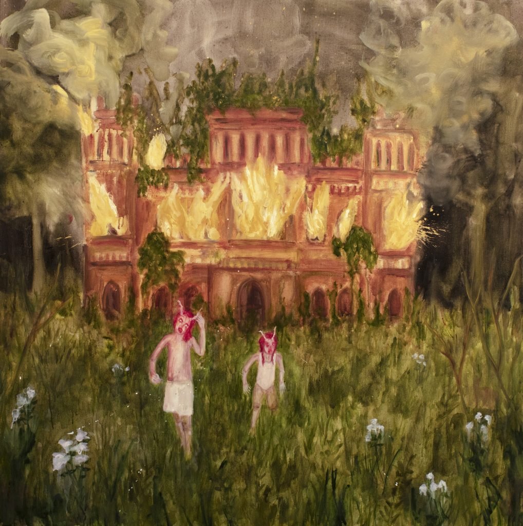 a painting of a mansion or church on fire with two horned figures in front of it