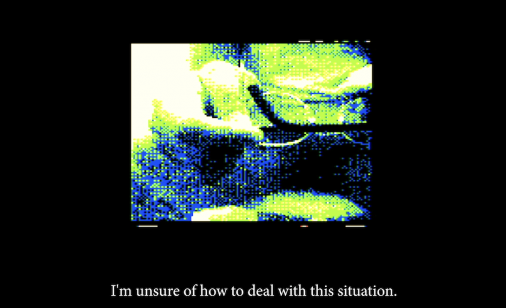 a black block with a smaller box inside containing a murky green and blue image that is hard to discern and below the text "I'm unsure of how to deal with this situation"