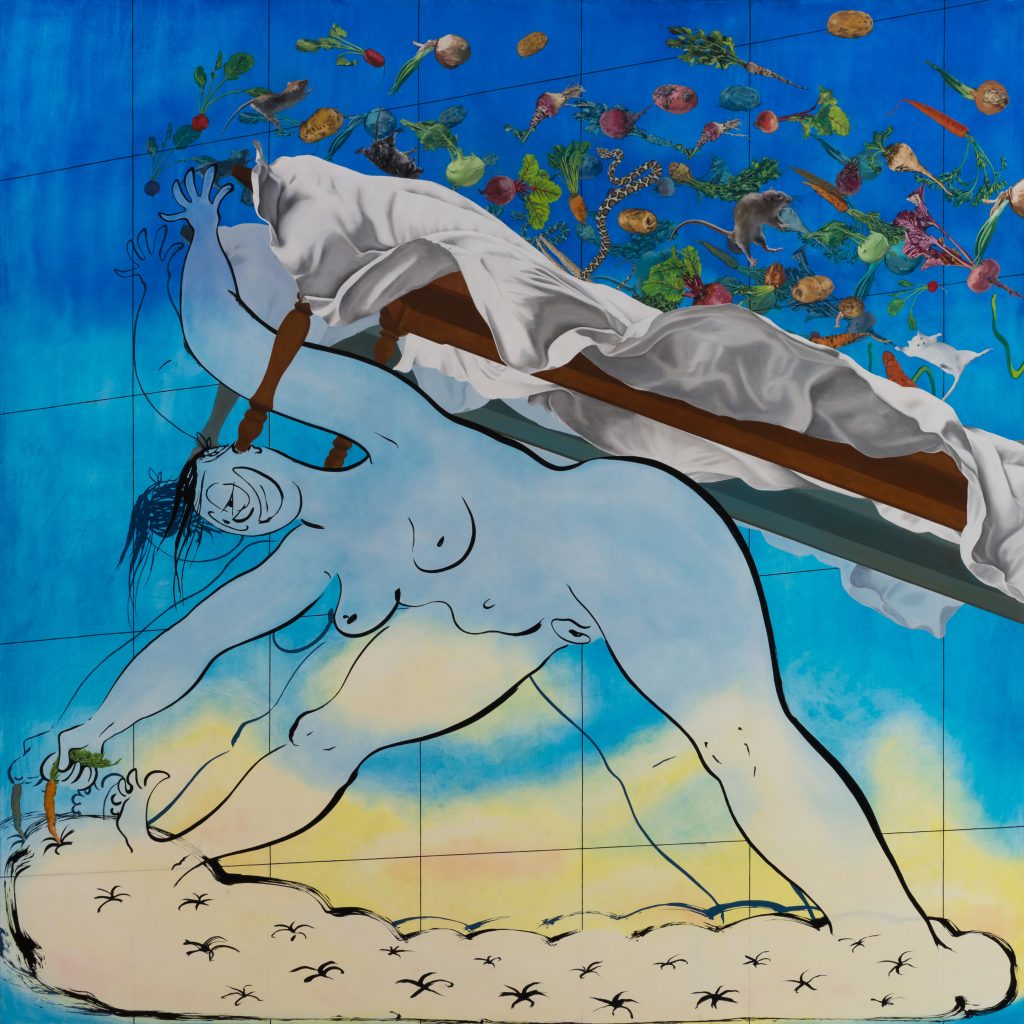 A painting of a naked blue woman with a dining table on her back. It is covered in flora and fauna. by Ebecho Muslimova