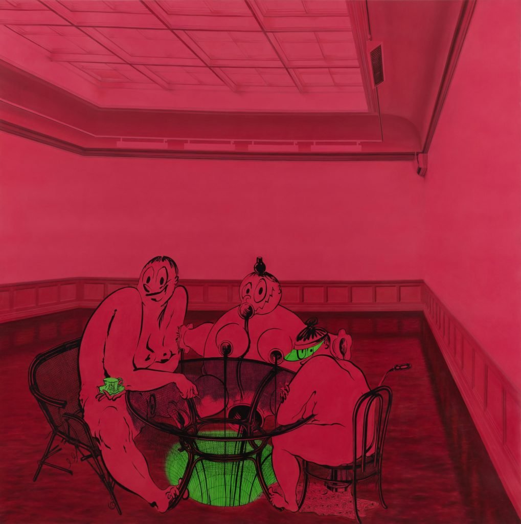 A dark red painting with green accents depicting three people seated around a circular table. By Ebecho Muslimova