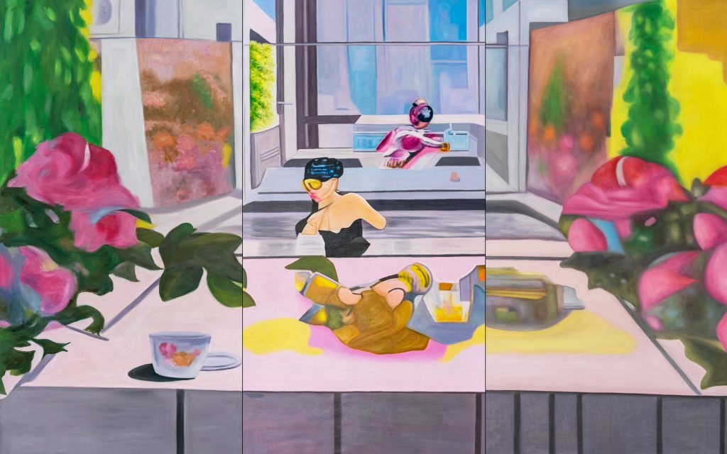 A colourful triptych painting that sees a human figure in a bath