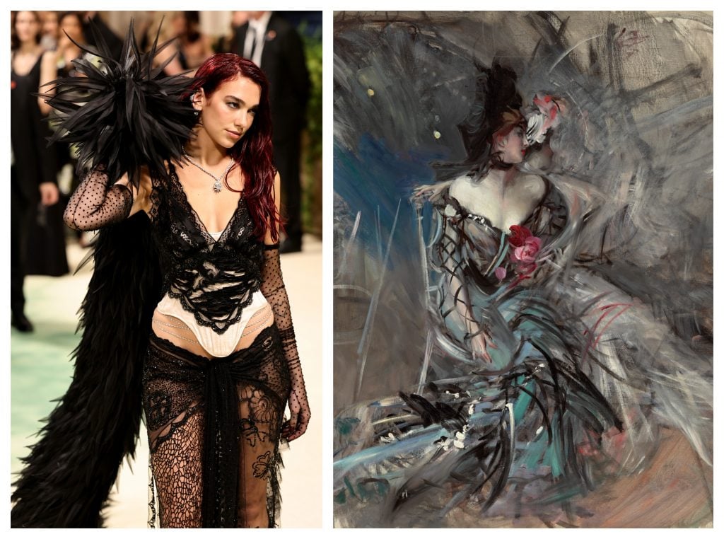 Left: Dua Lipa attends the 2024 Met Gala. Photo by Theo Wargo/GA/The Hollywood Reporter via Getty Images. Right: Giovanni Boldini, Ballerine Spagnole al Moulin Rouge (1905). Courtesy of Christie’s Images, Ltd.