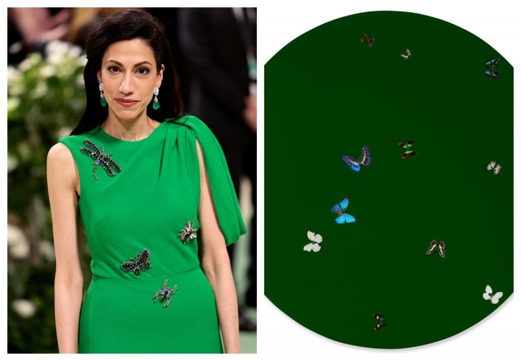 Left: Huma Abedin attends the 2024 Met Gala. Photo: Theo Wargo/GA/The Hollywood Reporter via Getty Images. Right: Damien Hirst, Can't Buy Me Love (2007). Courtesy of Sotheby’s.