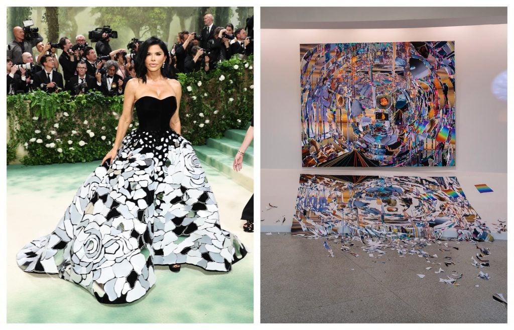 Left: Lauren Sánchez attends the 2024 Met Gala. Photo: Jamie McCarthy/Getty Images. Right: Sarah Sze, Times Zero, 2023. Oil paint, acrylic paint, inkjet prints, acrylic polymers, and ink on Diabond, aluminum, wood, and paper. Collection of the artist. © Sarah Sze. Photo: David Heald © Solomon R. Guggenheim Foundation, New York.