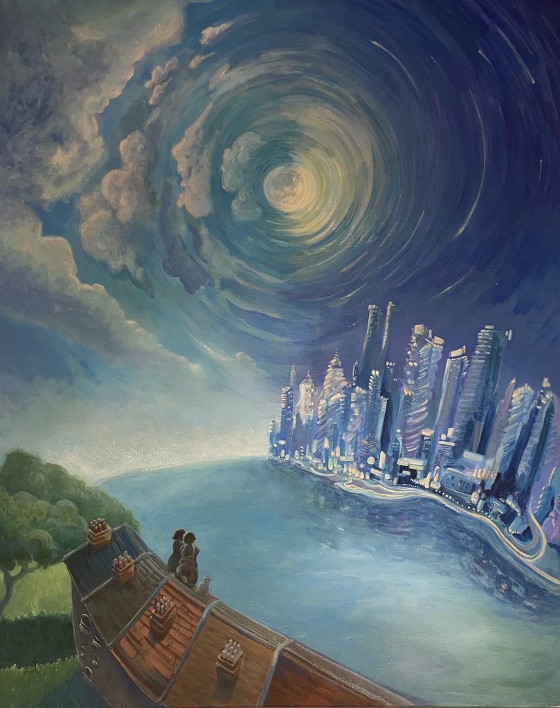 a painting of a moon hovering in the sky, above the skyline of Hong Kong and that of the U.K.