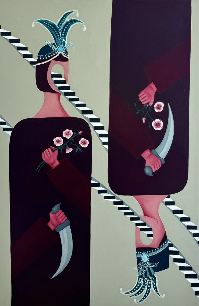 A surreal painting depicting two figures dressed in dark robes, each holding a curved blade and a branch with pink flowers. The heads of the figures are replaced by ornate objects: one has a jeweled squid-like design, and the other a swirling, jeweled headdress. The background is split into beige and dark maroon sections, intersected by diagonal black and white stripes.