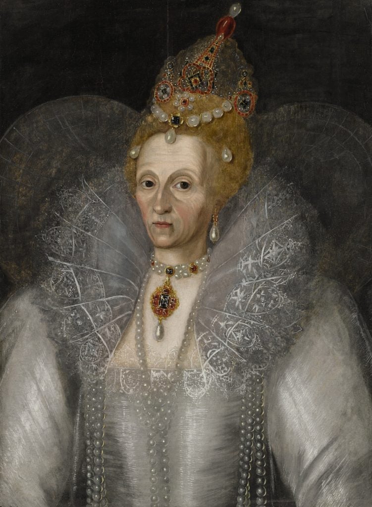 a painting of a woman with red hair and a haggard face in a large silver and white dress and adorned in pearls