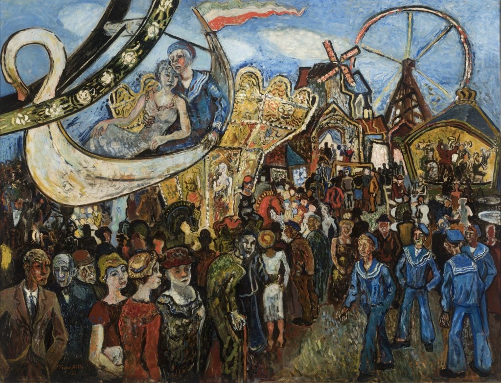 A colourful painting with lots of people, houses, and a carosel.