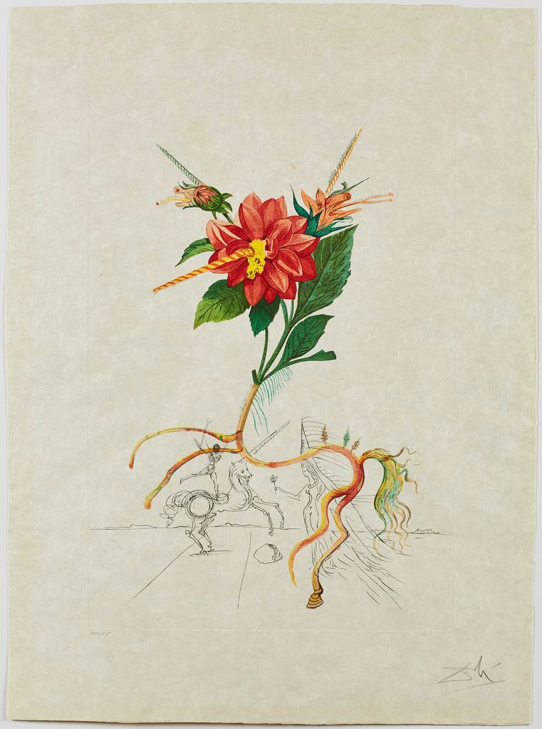 A surreal floral drawing by Salvador Dalí juxtaposing a vividly red flower against a unicorn