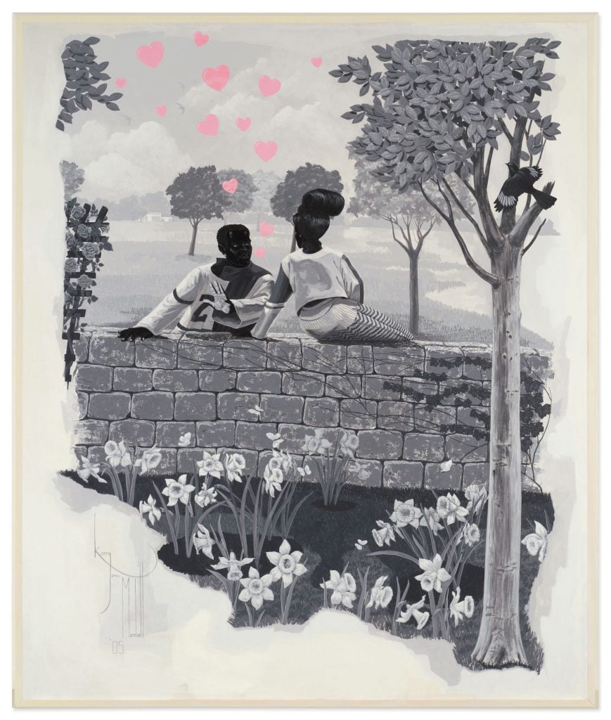 A mostly black and white color painting with two figures sitting on a brick wall underneath pink hearts