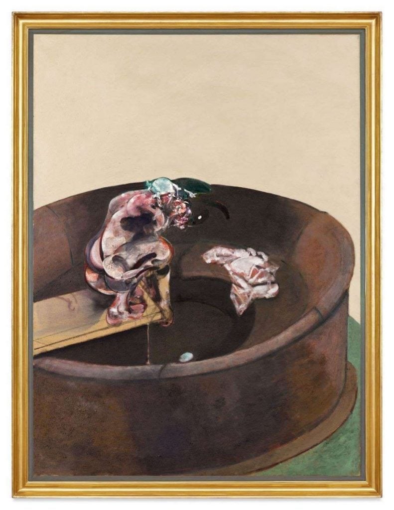 an image of a painting by Francis Bacon showing his friend George Dyer Crouching on a cylindrical object