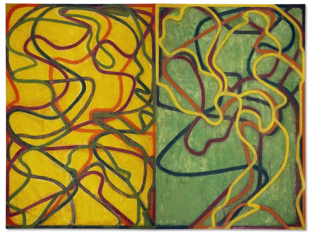 an image of an abstract work that is half yellow half green background with colored ribbons of paint running throughout