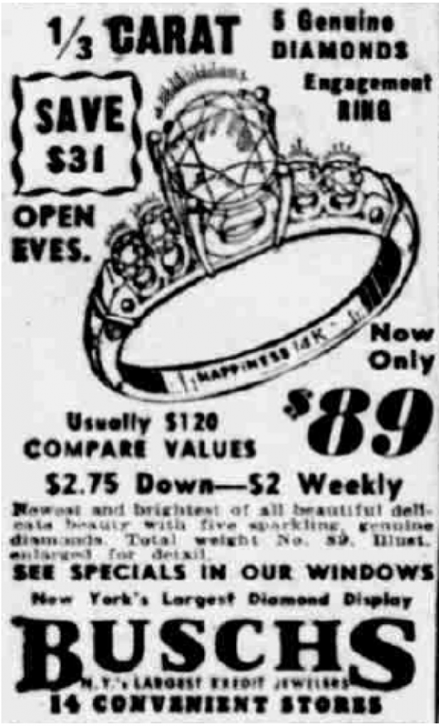 a drawing of a ring from a 1950s newspaper advertisement 