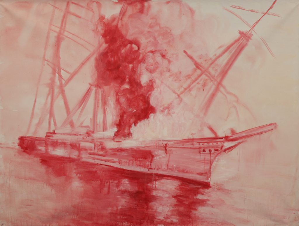 a painting in hues of pinks of a tall ship, possibly sinking