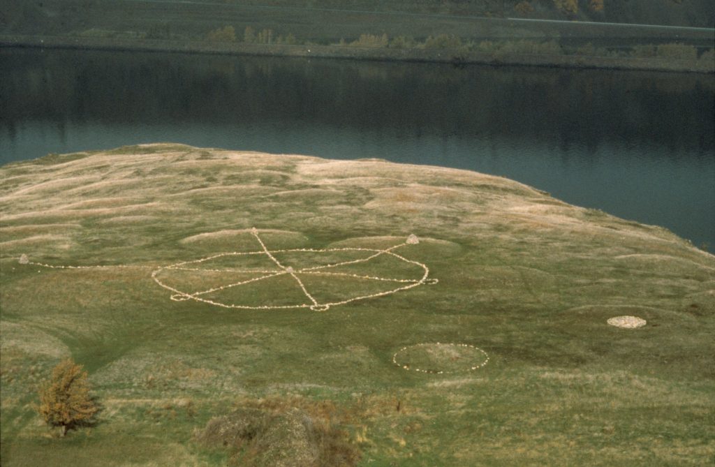 an aerial view of a lines of stone made into a geometric shape in a large field